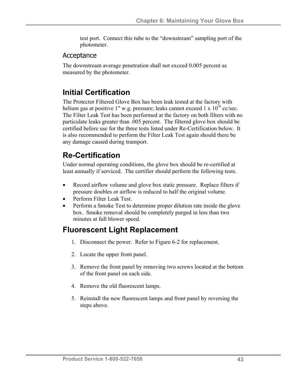 Initial certification, Re-certification, Fluorescent light replacement | Labconco Protector Filtered Glove Box User Manual | Page 47 / 68