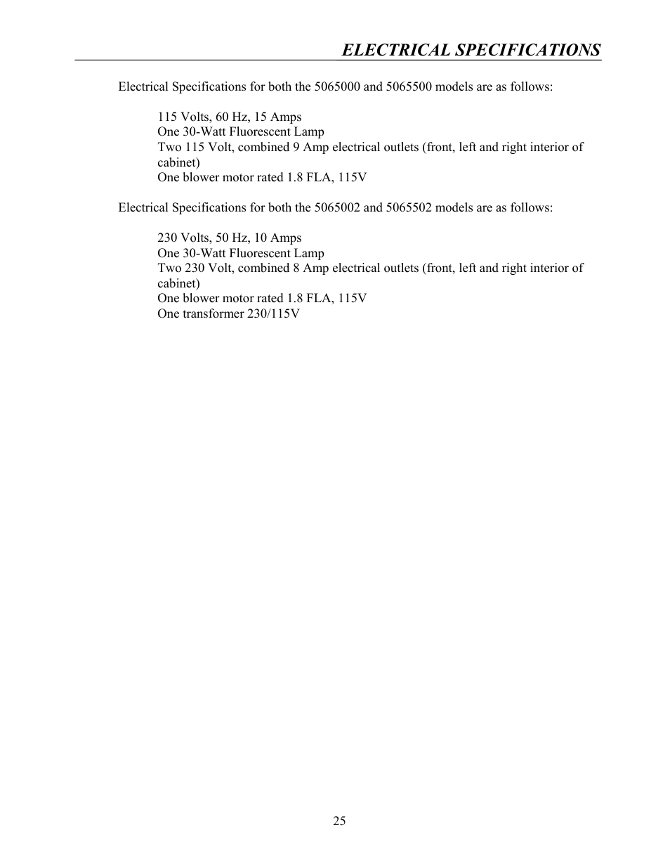 Electrical specifications | Labconco Protector Multi-Hazard Glove Box 5065502 User Manual | Page 24 / 31