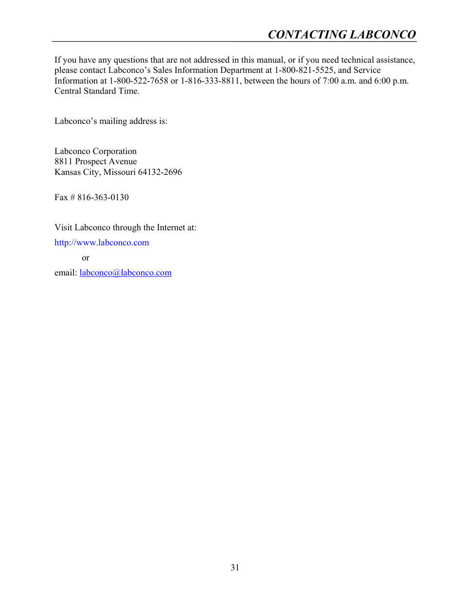 Contacting labconco | Labconco Protector Multi-Hazard Glove Box 5065502 User Manual | Page 30 / 31