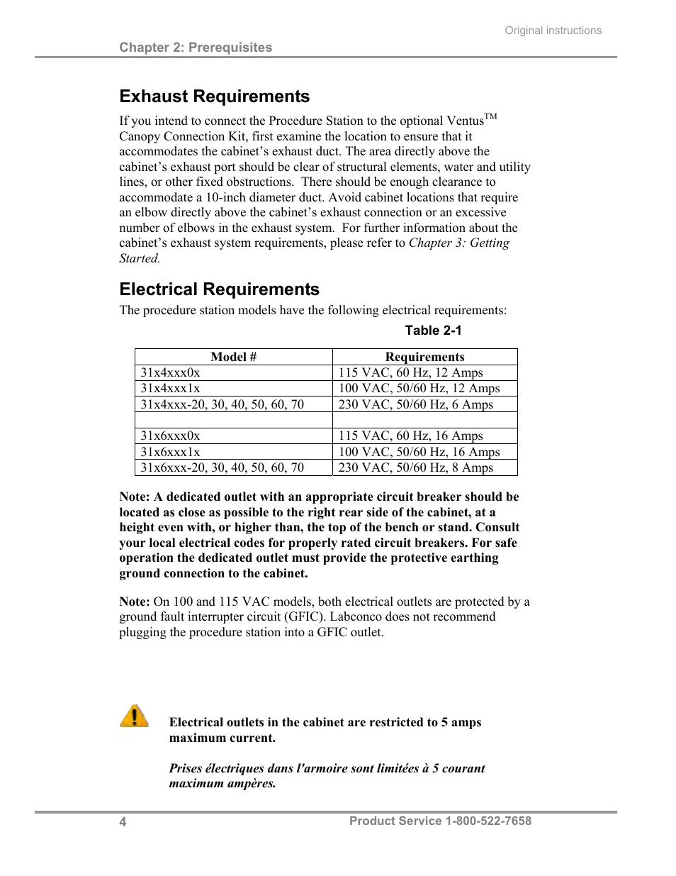 Exhaust requirements, Electrical requirements | Labconco PuriCare Procedure Stations 31261 Series User Manual | Page 10 / 62