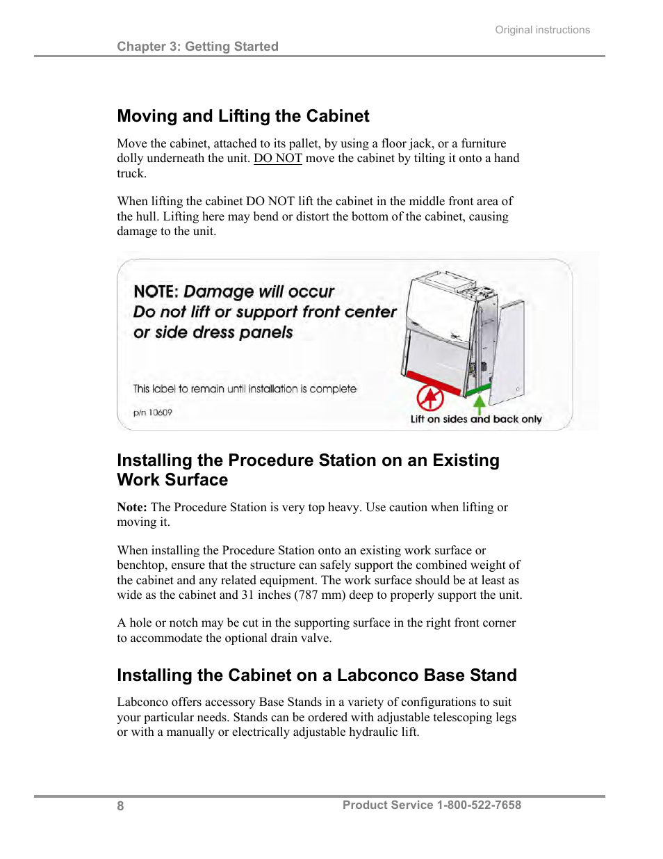 Moving and lifting the cabinet, Installing the cabinet on a labconco base stand | Labconco PuriCare Procedure Stations 31261 Series User Manual | Page 14 / 62
