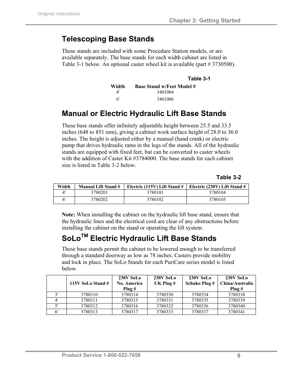 Telescoping base stands, Manual or electric hydraulic lift base stands, Solo | Electric hydraulic lift base stands | Labconco PuriCare Procedure Stations 31261 Series User Manual | Page 15 / 62
