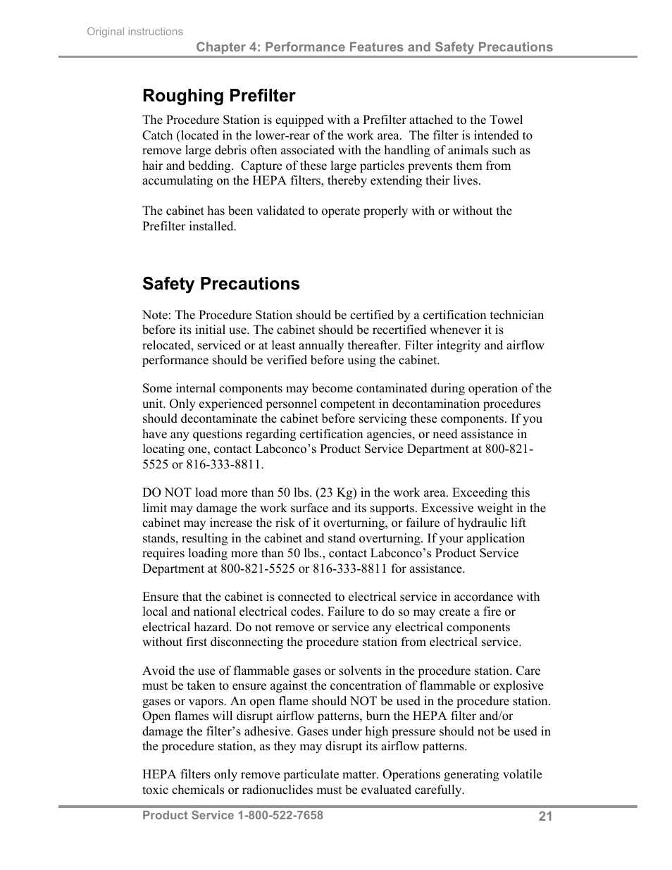 Roughing prefilter, Safety precautions | Labconco PuriCare Procedure Stations 31261 Series User Manual | Page 27 / 62