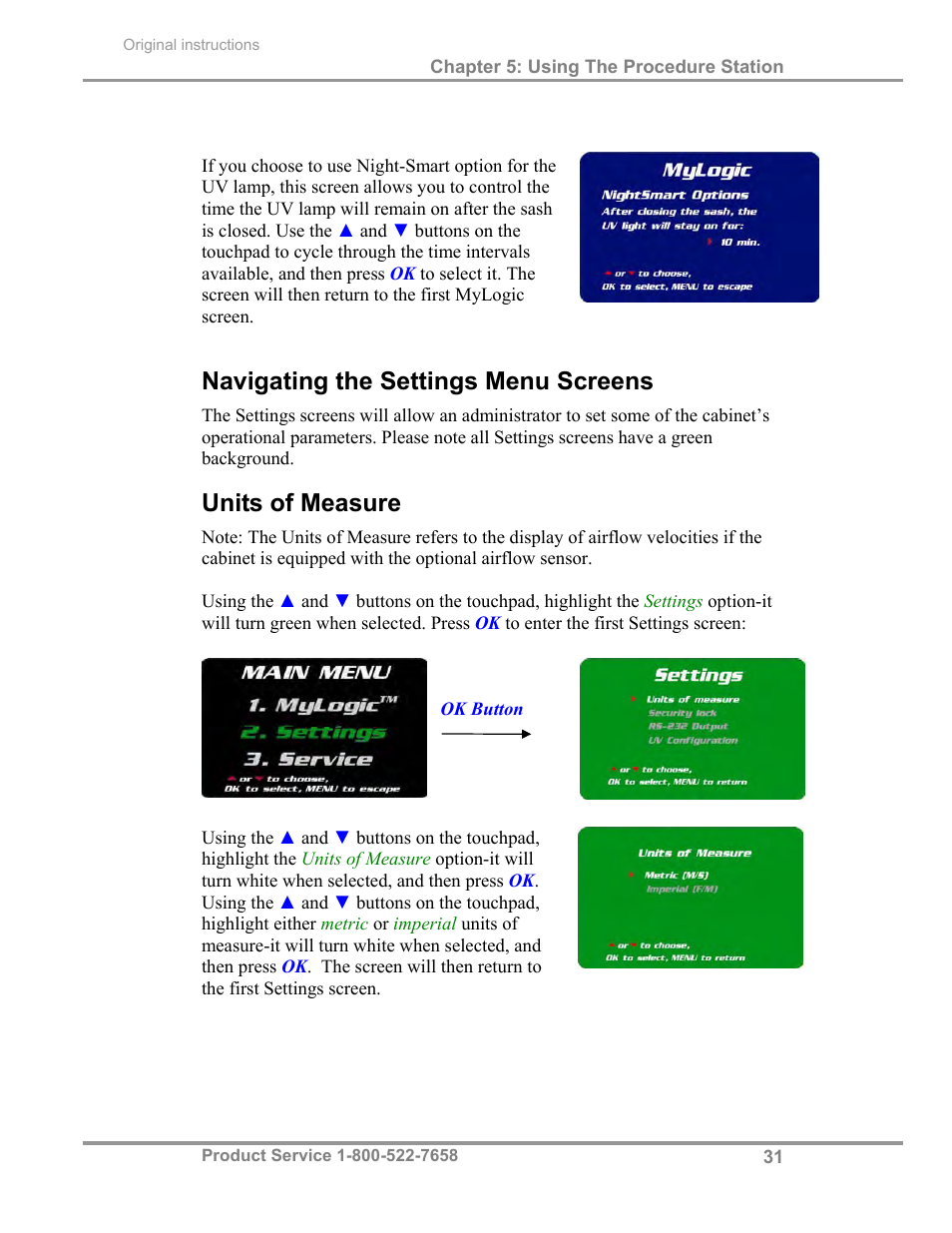 Navigating the settings menu screens, Units of measure | Labconco PuriCare Procedure Stations 31261 Series User Manual | Page 37 / 62