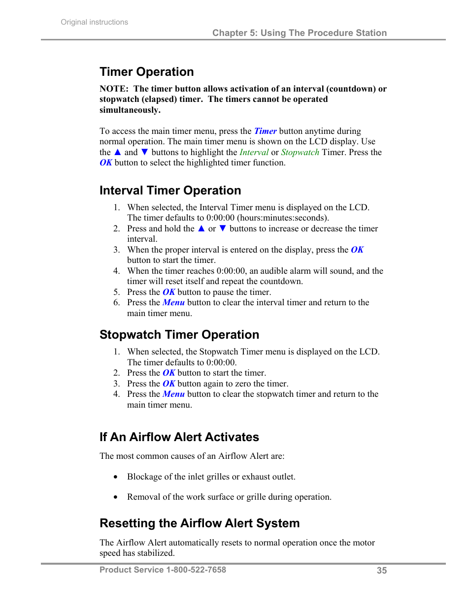 Timer operation, Interval timer operation, Stopwatch timer operation | If an airflow alert activates, Resetting the airflow alert system | Labconco PuriCare Procedure Stations 31261 Series User Manual | Page 41 / 62