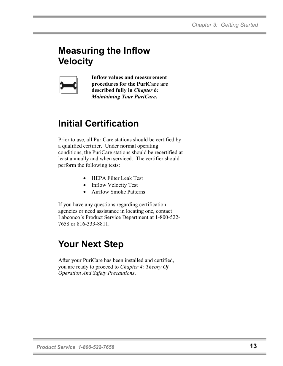 Measuring the inflow velocity, Initial certification, Your next step | Labconco PuriCare Bedding Disposal Stations 3840020 User Manual | Page 17 / 59