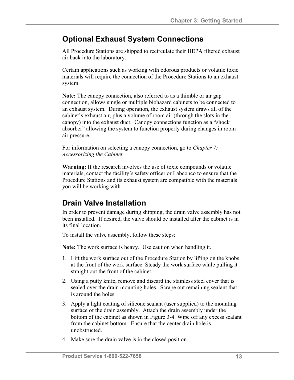 Optional exhaust system connections, Drain valve installation | Labconco PuriCare Procedure Stations 38100 User Manual | Page 18 / 70