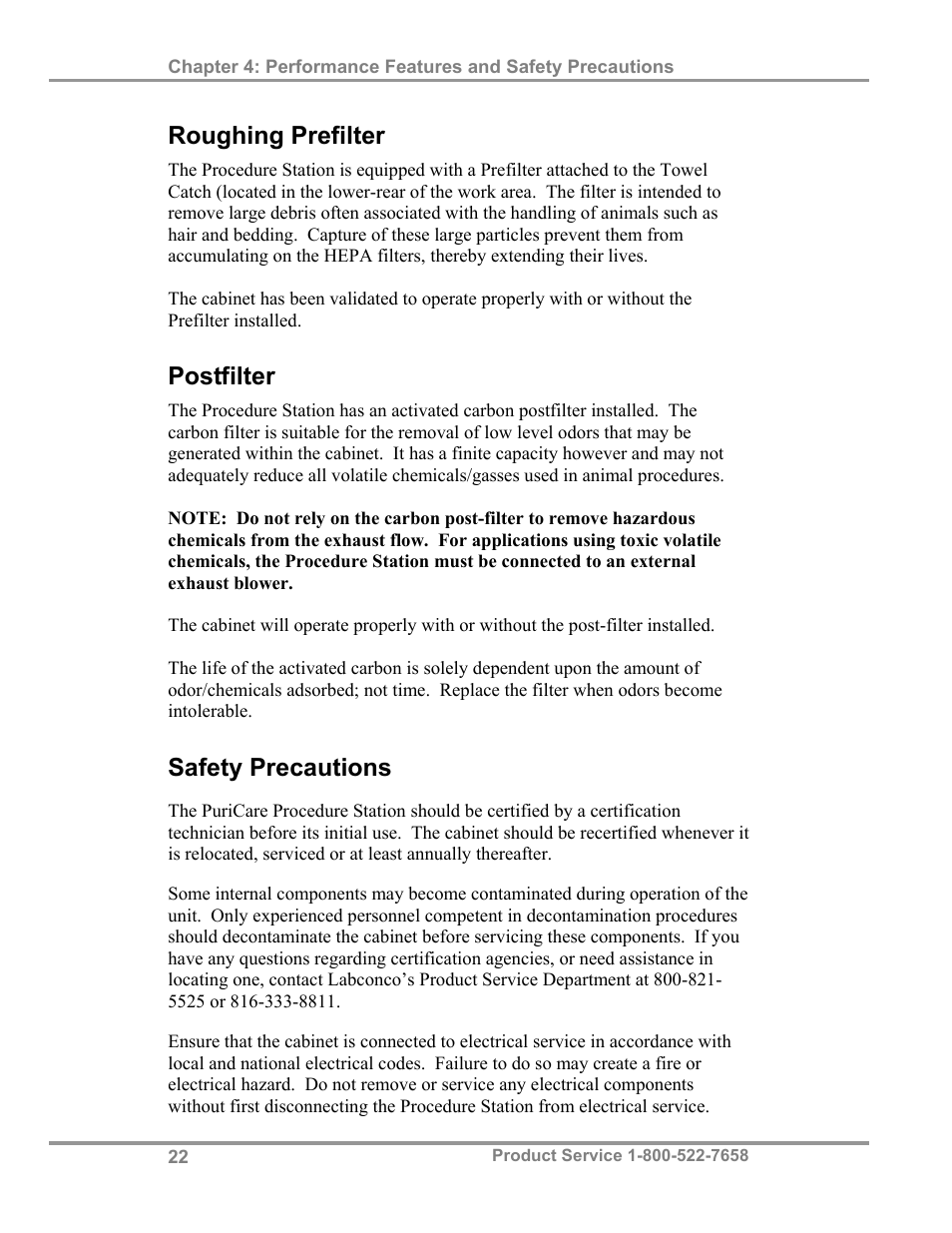Roughing prefilter, Postfilter, Safety precautions | Labconco PuriCare Procedure Stations 38100 User Manual | Page 27 / 70
