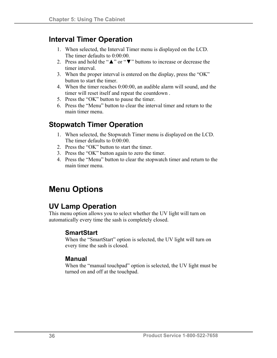 Menu options, Interval timer operation, Stopwatch timer operation | Uv lamp operation | Labconco PuriCare Procedure Stations 38100 User Manual | Page 41 / 70