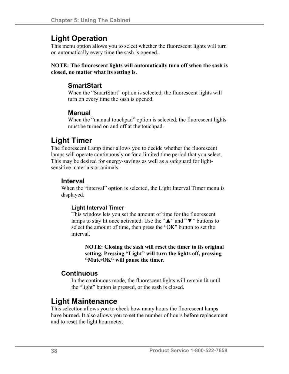 Light operation, Light timer, Light maintenance | Labconco PuriCare Procedure Stations 38100 User Manual | Page 43 / 70