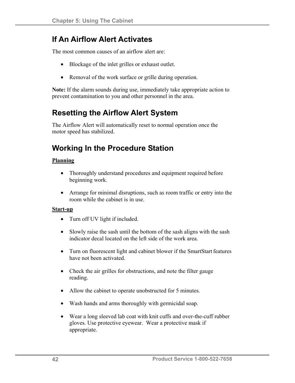 If an airflow alert activates, Resetting the airflow alert system, Working in the procedure station | Labconco PuriCare Procedure Stations 38100 User Manual | Page 47 / 70