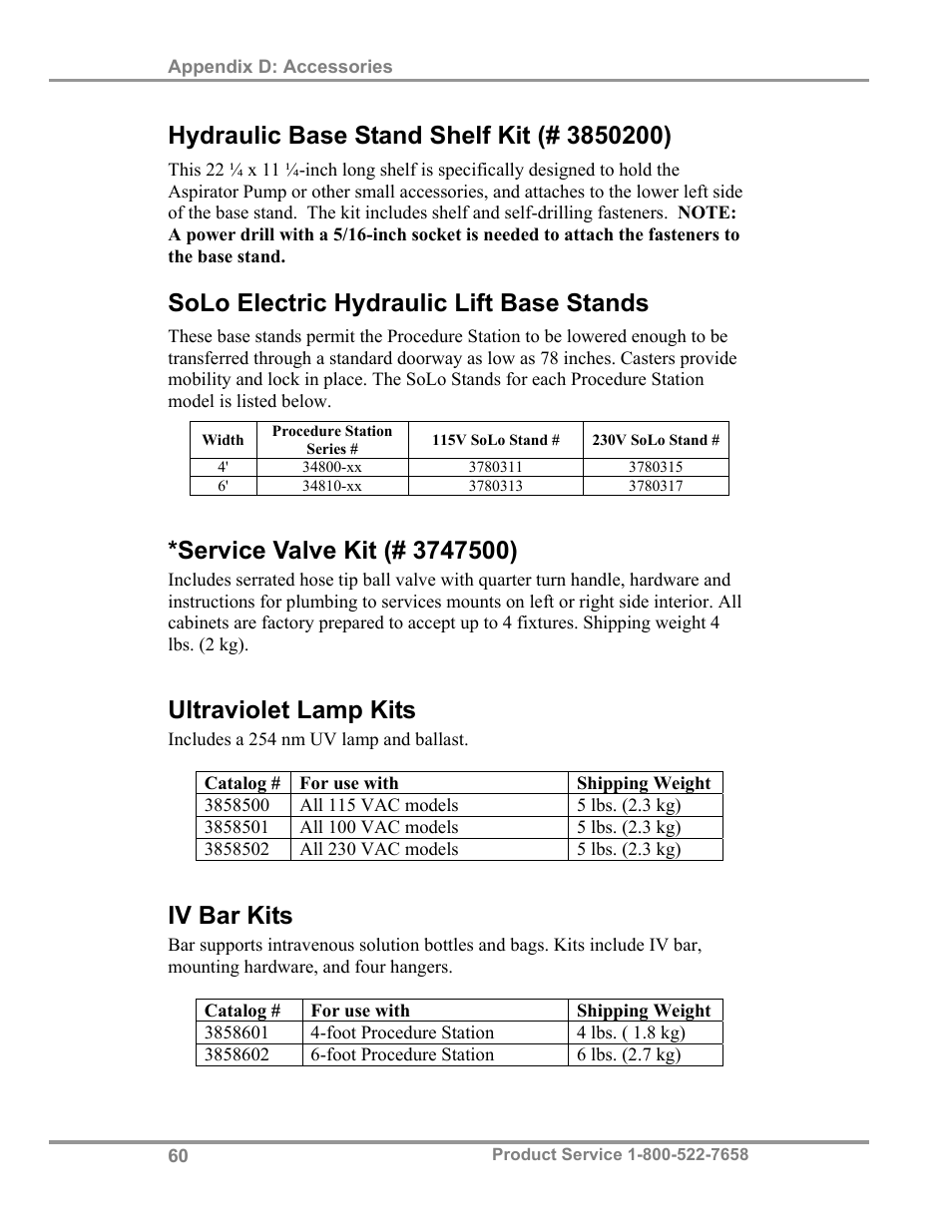 Solo electric hydraulic lift base stands, Ultraviolet lamp kits, Iv bar kits | Labconco PuriCare Procedure Stations 38100 User Manual | Page 65 / 70