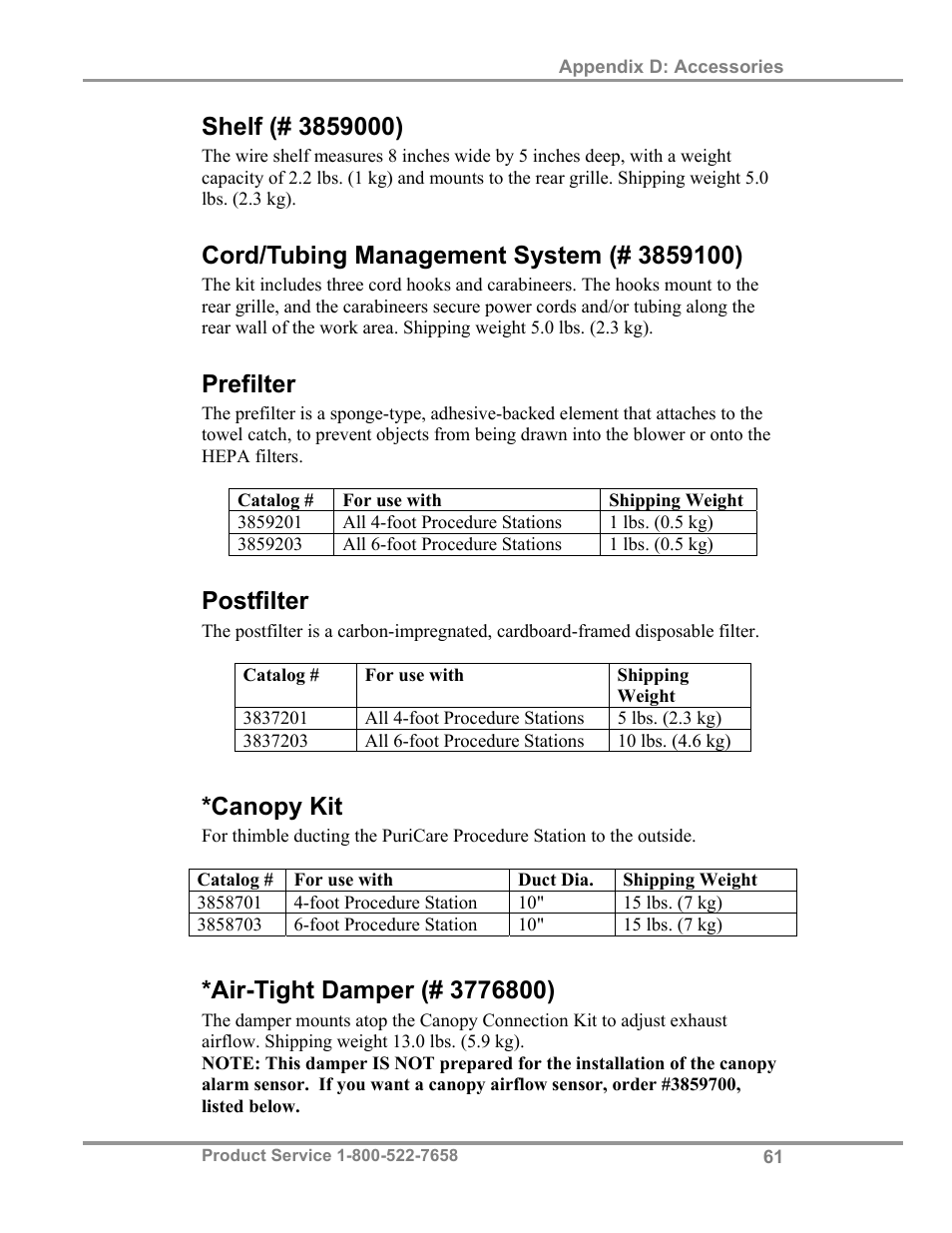 Prefilter, Postfilter, Canopy kit | Labconco PuriCare Procedure Stations 38100 User Manual | Page 66 / 70