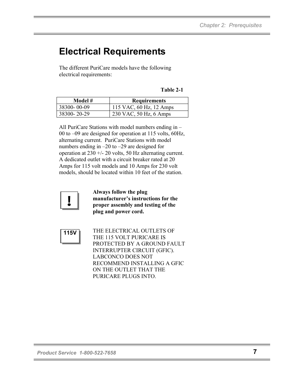 Electrical requirements | Labconco PuriCare Vertical Flow Stations 3830020 User Manual | Page 11 / 58