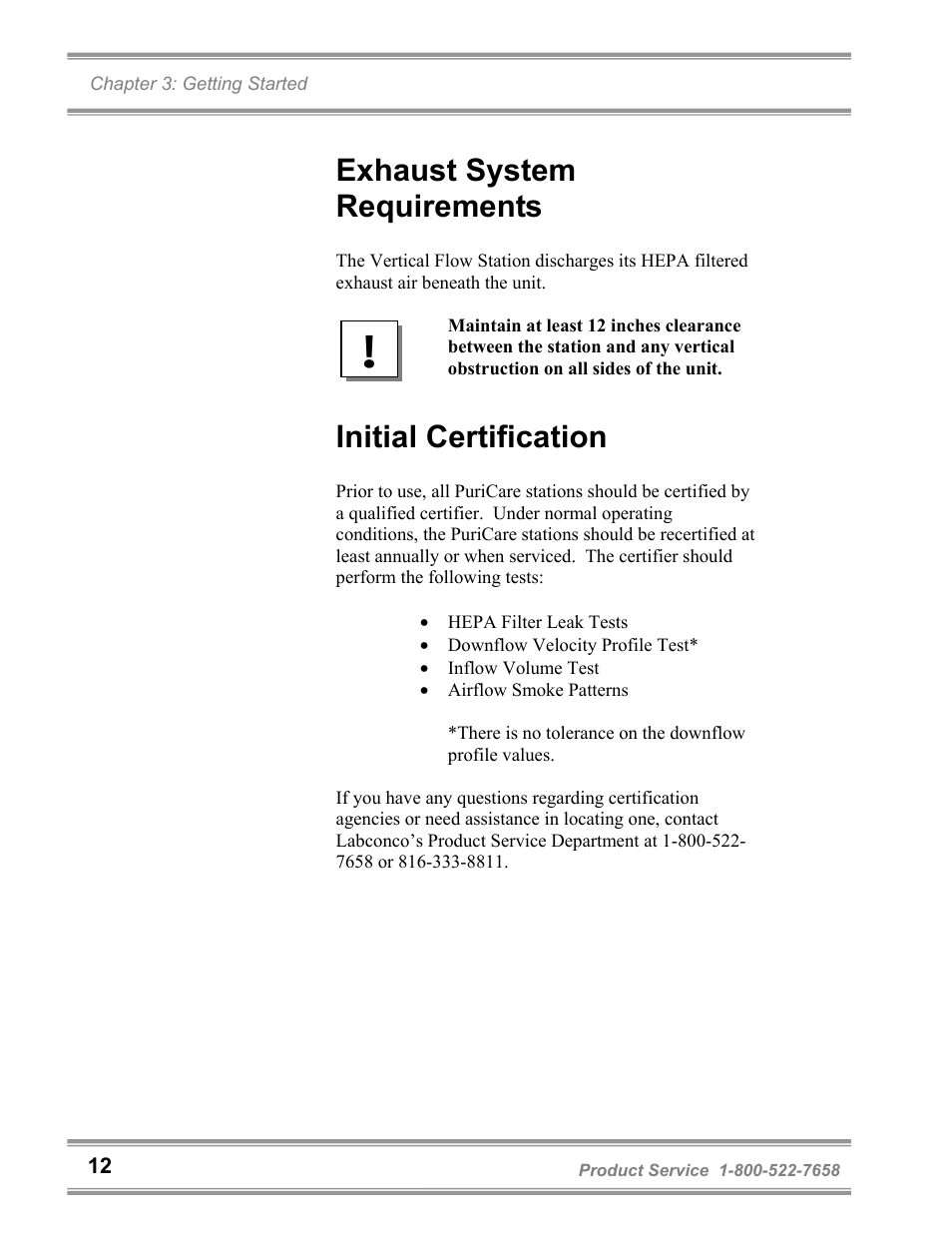 Exhaust system requirements, Initial certification | Labconco PuriCare Vertical Flow Stations 3830020 User Manual | Page 16 / 58