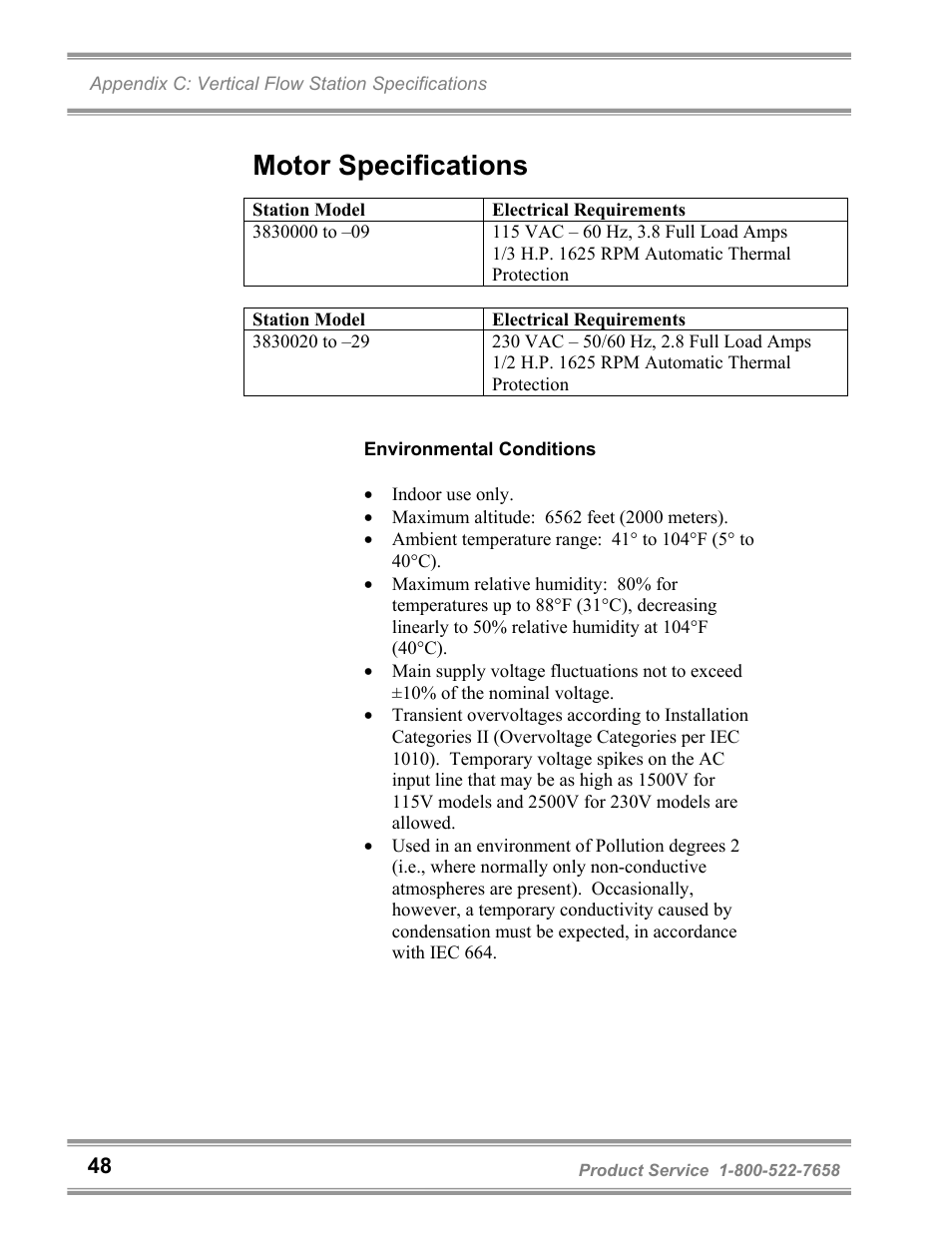 Motor specifications | Labconco PuriCare Vertical Flow Stations 3830020 User Manual | Page 52 / 58