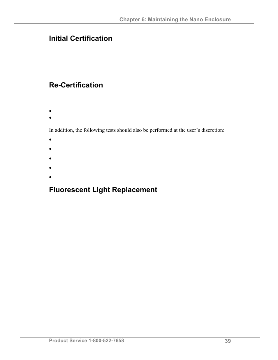 Initial certification, Re-certification, Fluorescent light replacement | Labconco XPert Nano Enclosures 38876 Series User Manual | Page 44 / 67