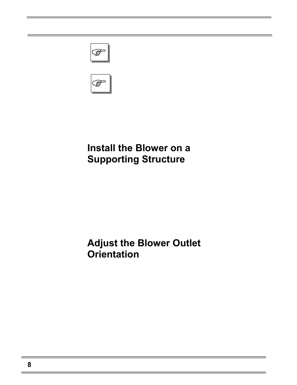 Install the blower on a supporting structure, Adjust the blower outlet orientation | Labconco Coated Steel, Fiberglass and PVC Blowers 7183200 User Manual | Page 12 / 65