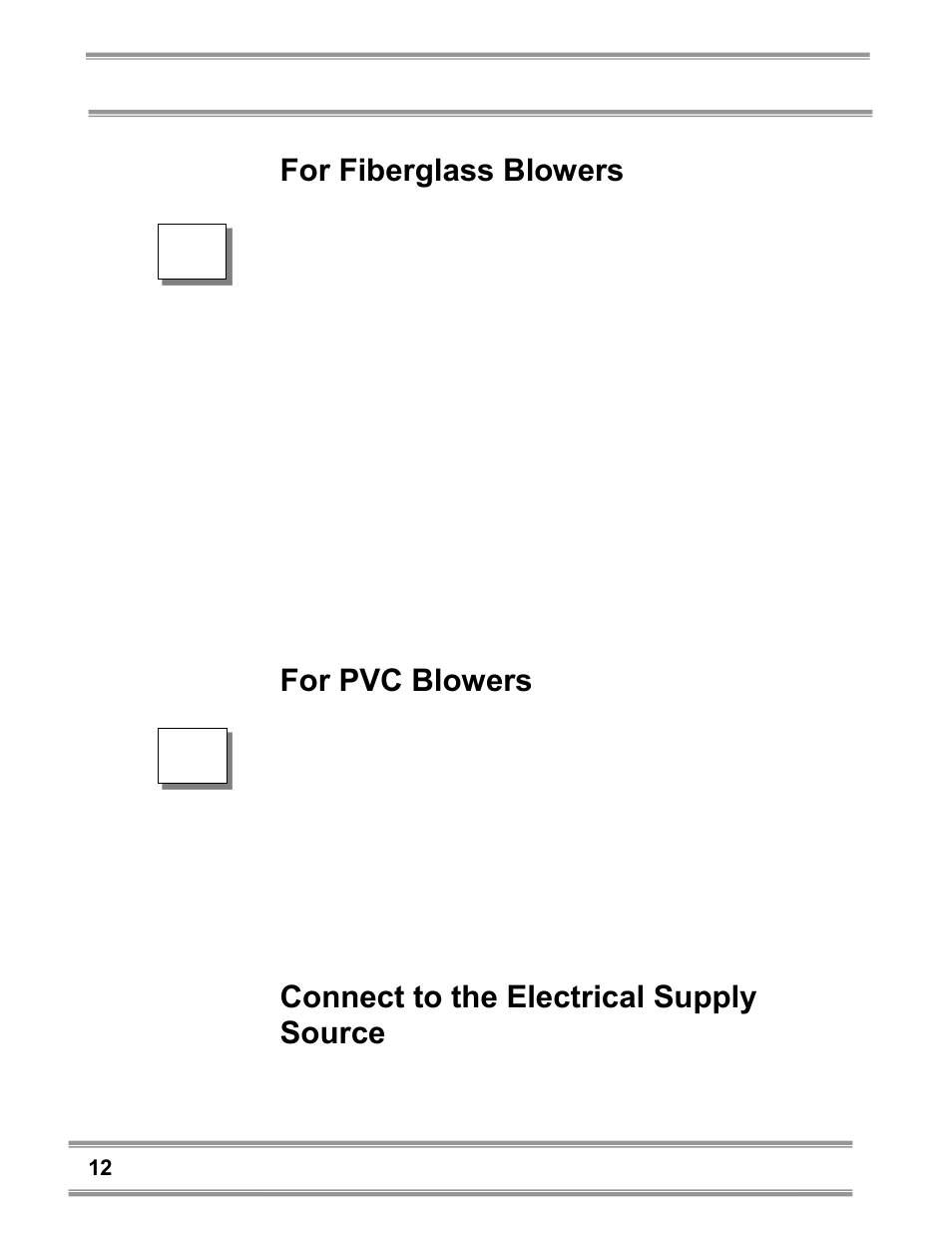 For fiberglass blowers, For pvc blowers, Connect to the electrical supply source | Labconco Coated Steel, Fiberglass and PVC Blowers 7183200 User Manual | Page 16 / 65