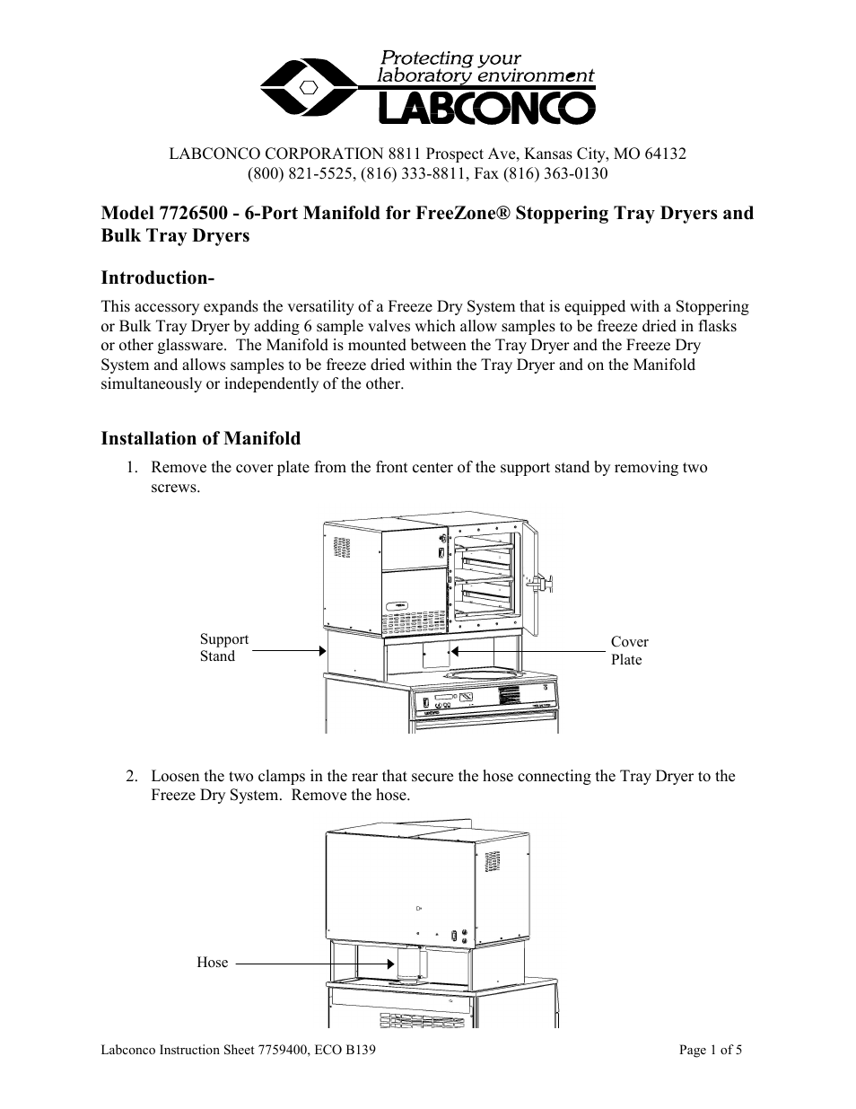 Labconco 6-Port Manifold for FreeZone Stoppering Tray Dryers and Bulk Tray Dryers User Manual | 5 pages