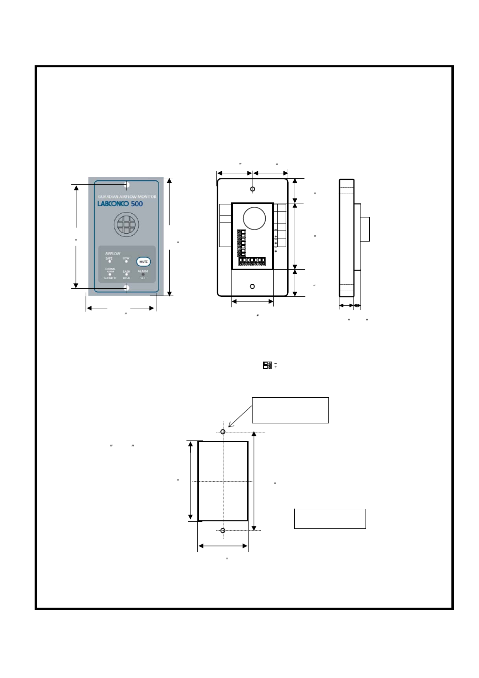 0 dimensions, Alarm panel dimensions panel cutout dimensions, Front view rear view side view | Not to scale | Labconco Guardian 500 Airflow Monitor User Manual | Page 11 / 12