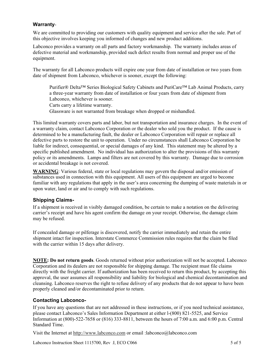 Labconco Snuffer Fire Extinguishers 1115004 User Manual | Page 5 / 5