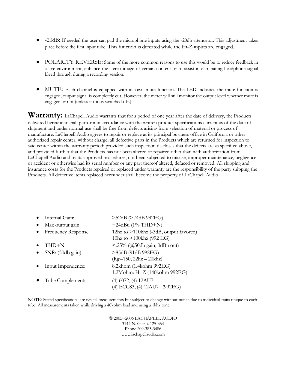 Specification, Warranty | LaChapell Audio 992 Tube Mic Pre User Manual | Page 6 / 6