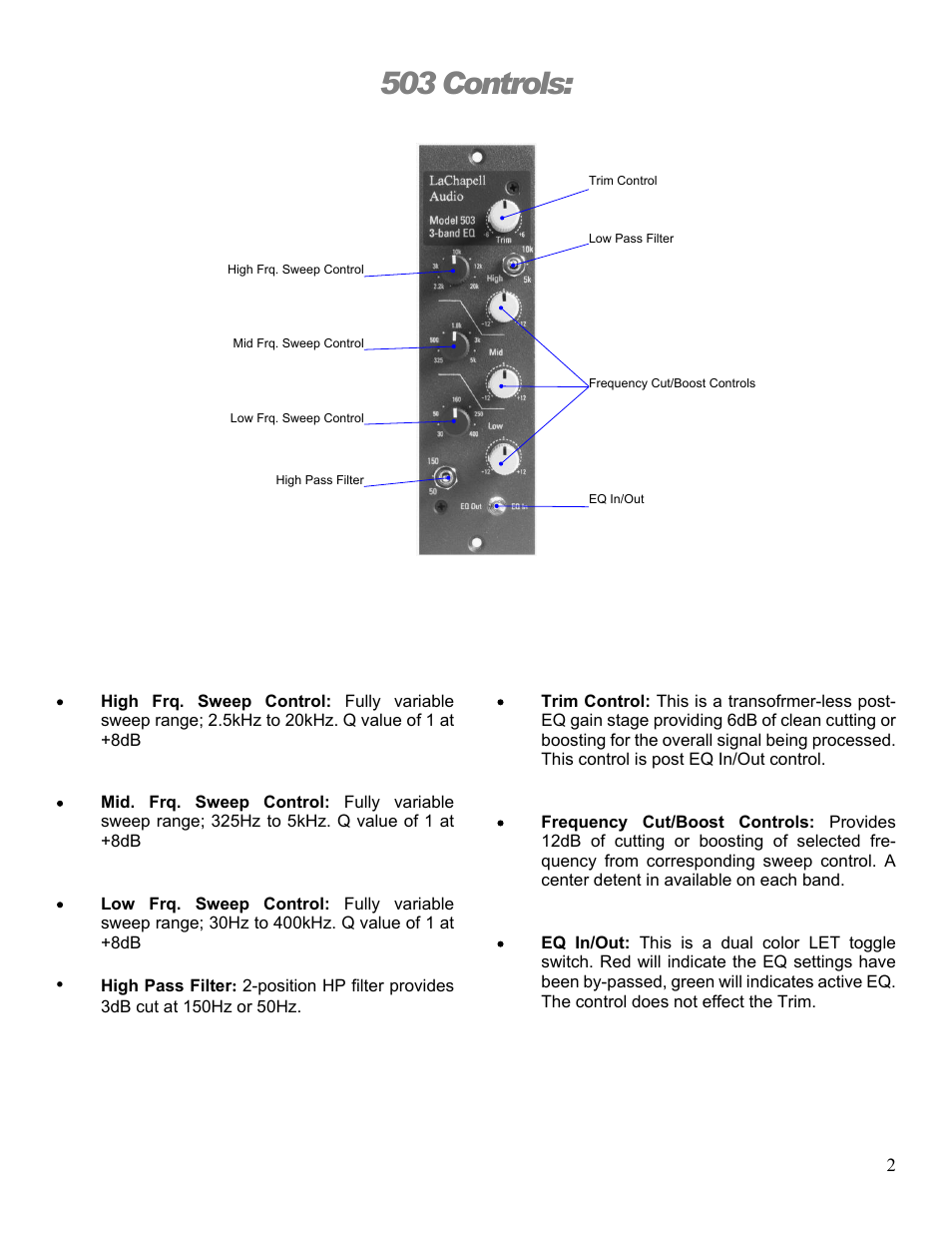 503 controls | LaChapell Audio 503 500 Series EQ User Manual | Page 5 / 9