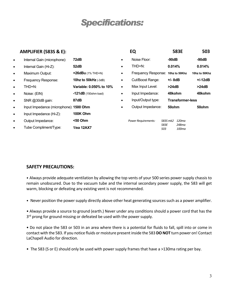 Specifications, Safety precautions, Amplifier (583s & e) | LaChapell Audio 503 500 Series EQ User Manual | Page 6 / 9