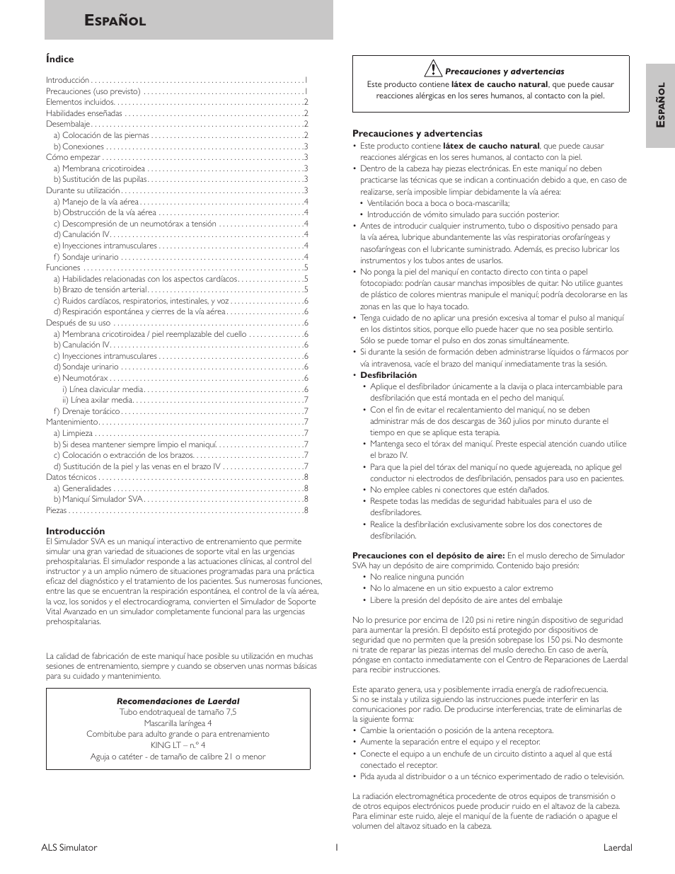 Español, Esp añol | Laerdal ALS Simulator (SimPad capable) User Manual | Page 13 / 124