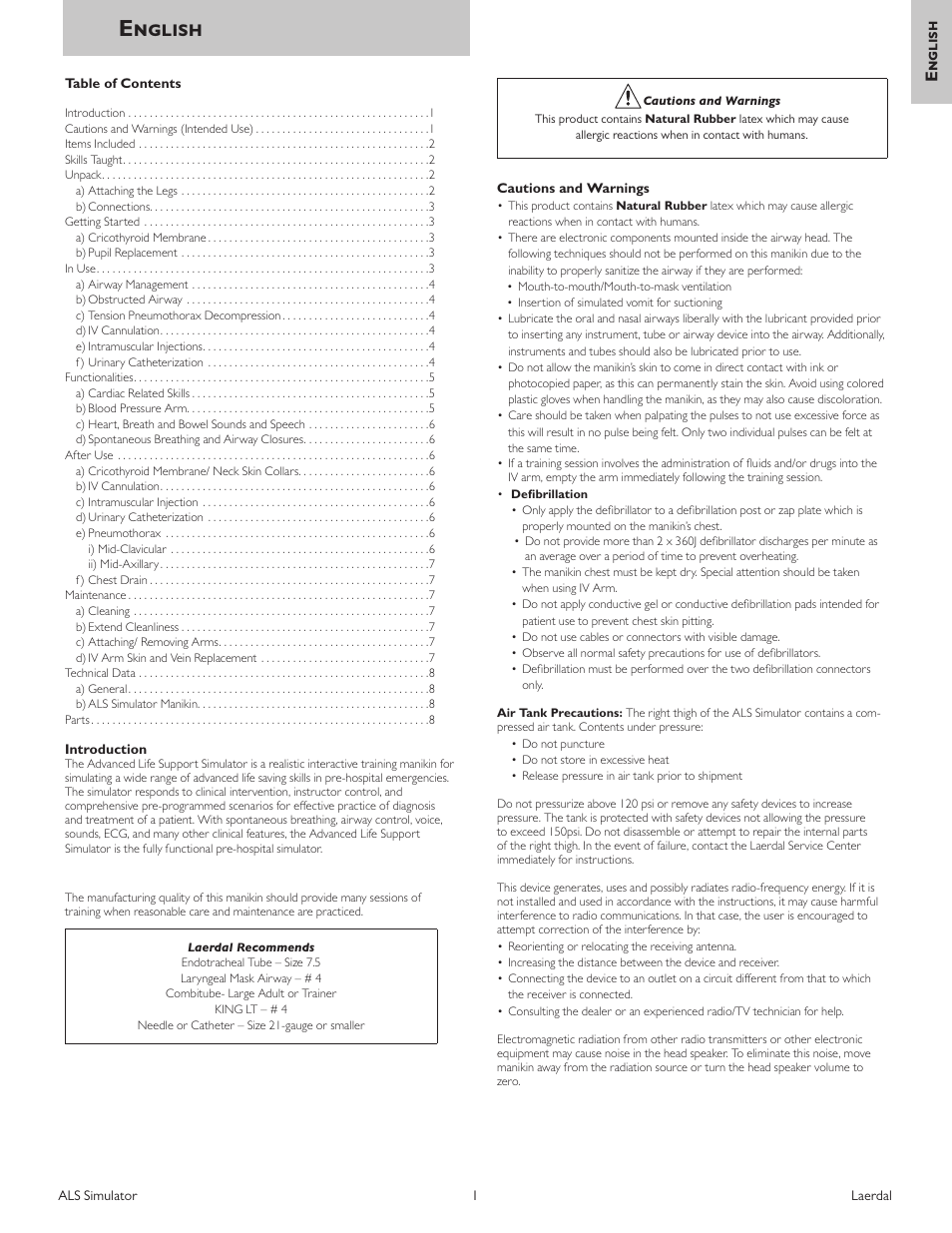 English | Laerdal ALS Simulator (SimPad capable) User Manual | Page 3 / 124