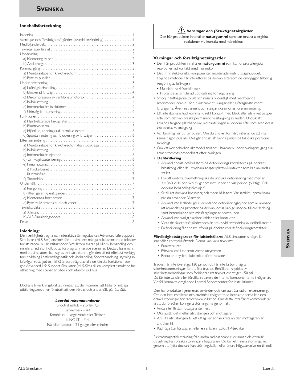 Svenska | Laerdal ALS Simulator (SimPad capable) User Manual | Page 73 / 124