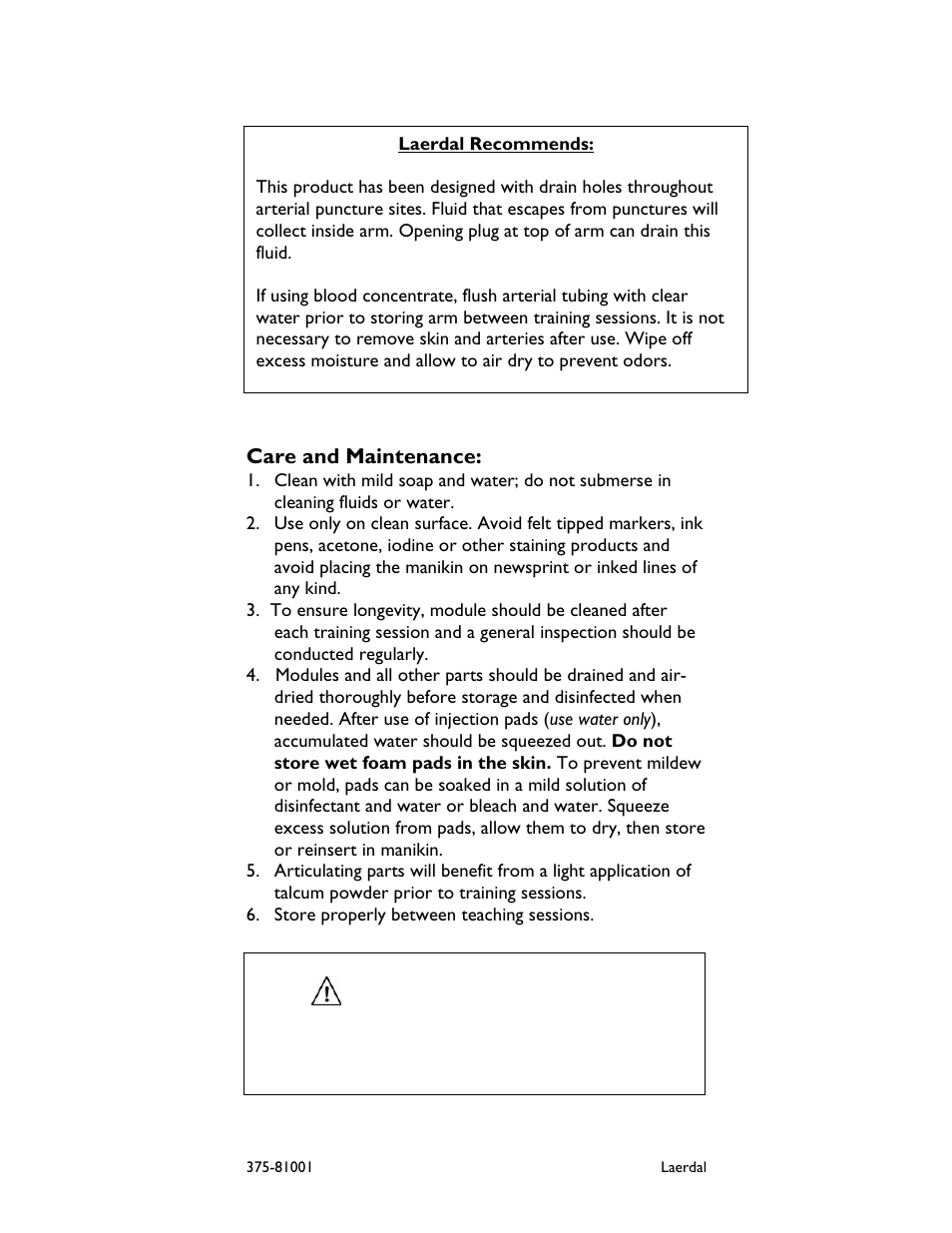 Care and maintenance | Laerdal Arterial Arm Stick Kit User Manual | Page 8 / 10