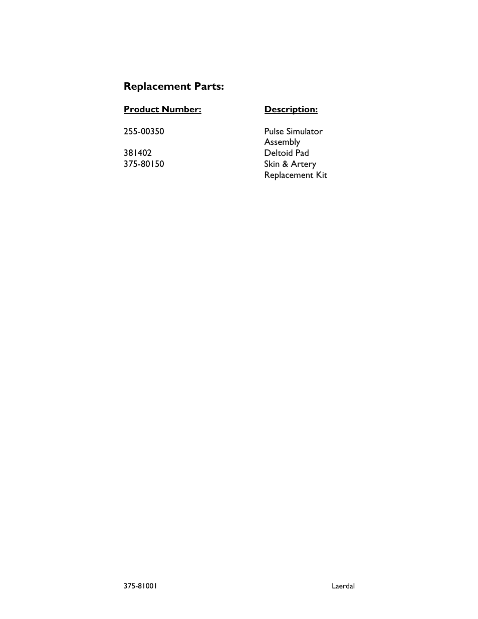 Replacement parts | Laerdal Arterial Arm Stick Kit User Manual | Page 9 / 10