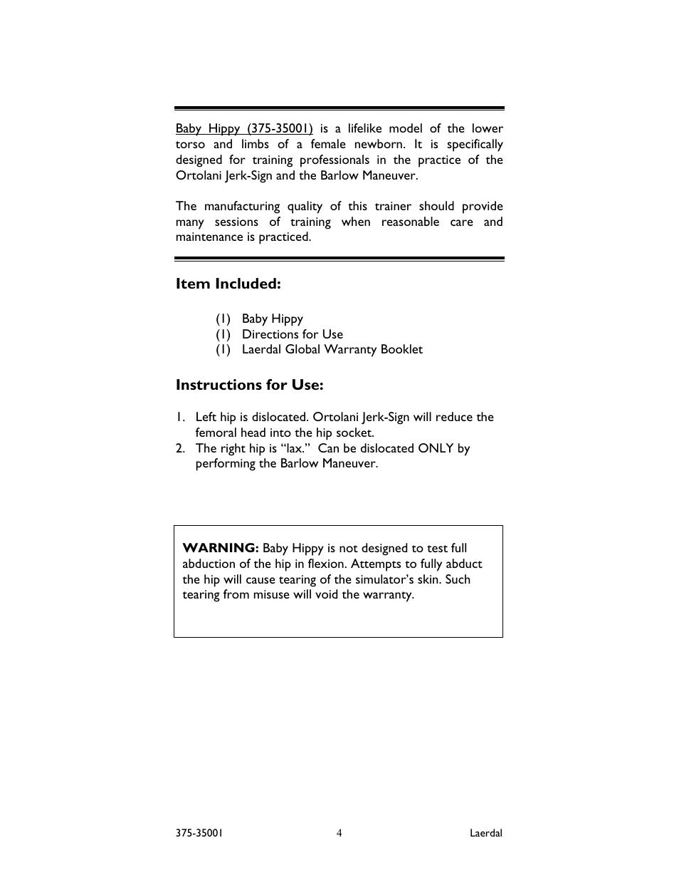 Instructions for use, Item included | Laerdal Baby Hippy User Manual | Page 4 / 8