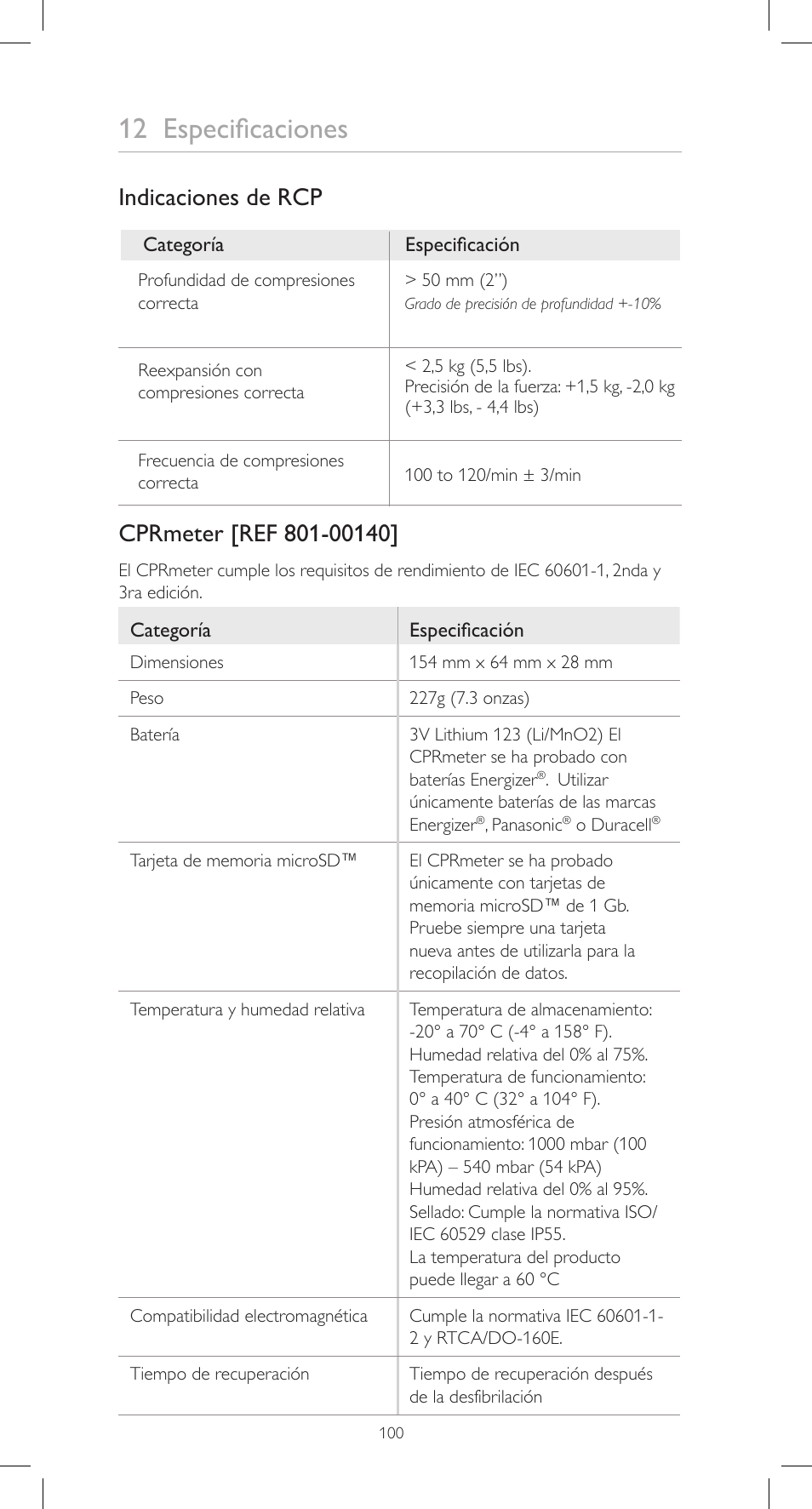 12 especificaciones, Indicaciones de rcp | Laerdal CPRmeter User Manual | Page 100 / 248