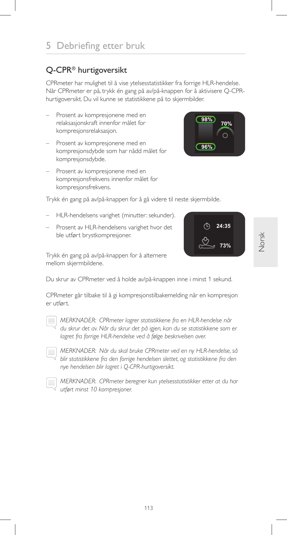 5 debriefing etter bruk, Q-cpr, Hurtigoversikt | Nor sk | Laerdal CPRmeter User Manual | Page 113 / 248
