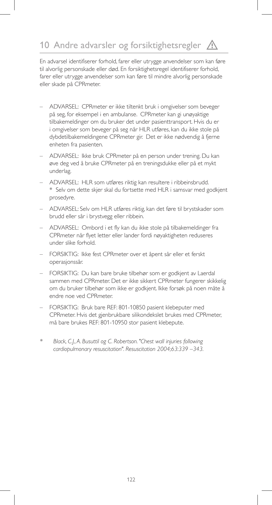 10 andre advarsler og forsiktighetsregler | Laerdal CPRmeter User Manual | Page 122 / 248