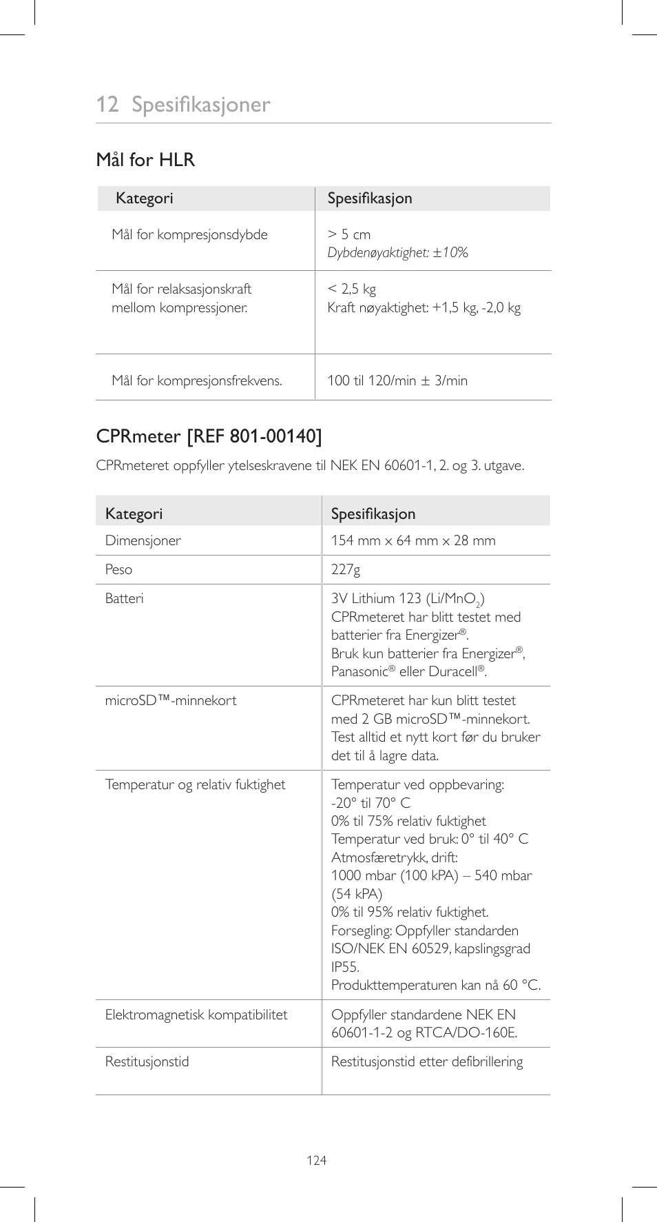 12 spesifikasjoner, Mål for hlr | Laerdal CPRmeter User Manual | Page 124 / 248