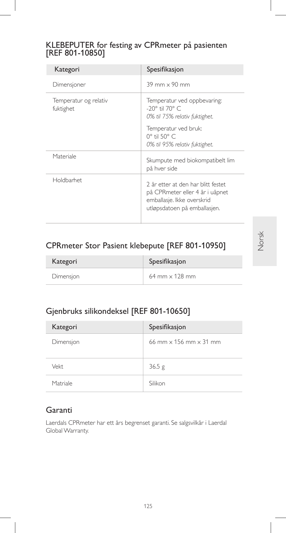 Garanti | Laerdal CPRmeter User Manual | Page 125 / 248