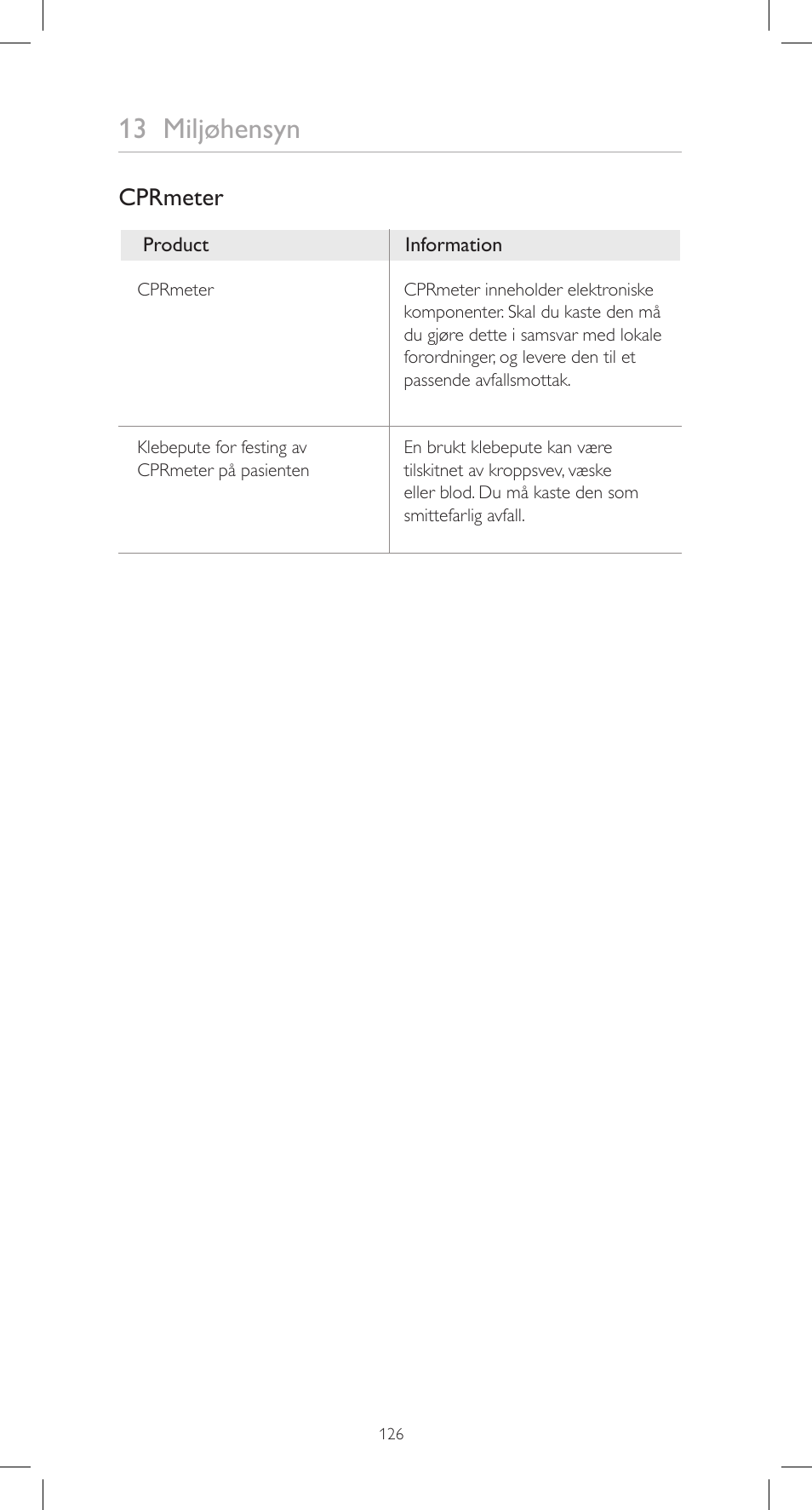 13 miljøhensyn, Cprmeter | Laerdal CPRmeter User Manual | Page 126 / 248