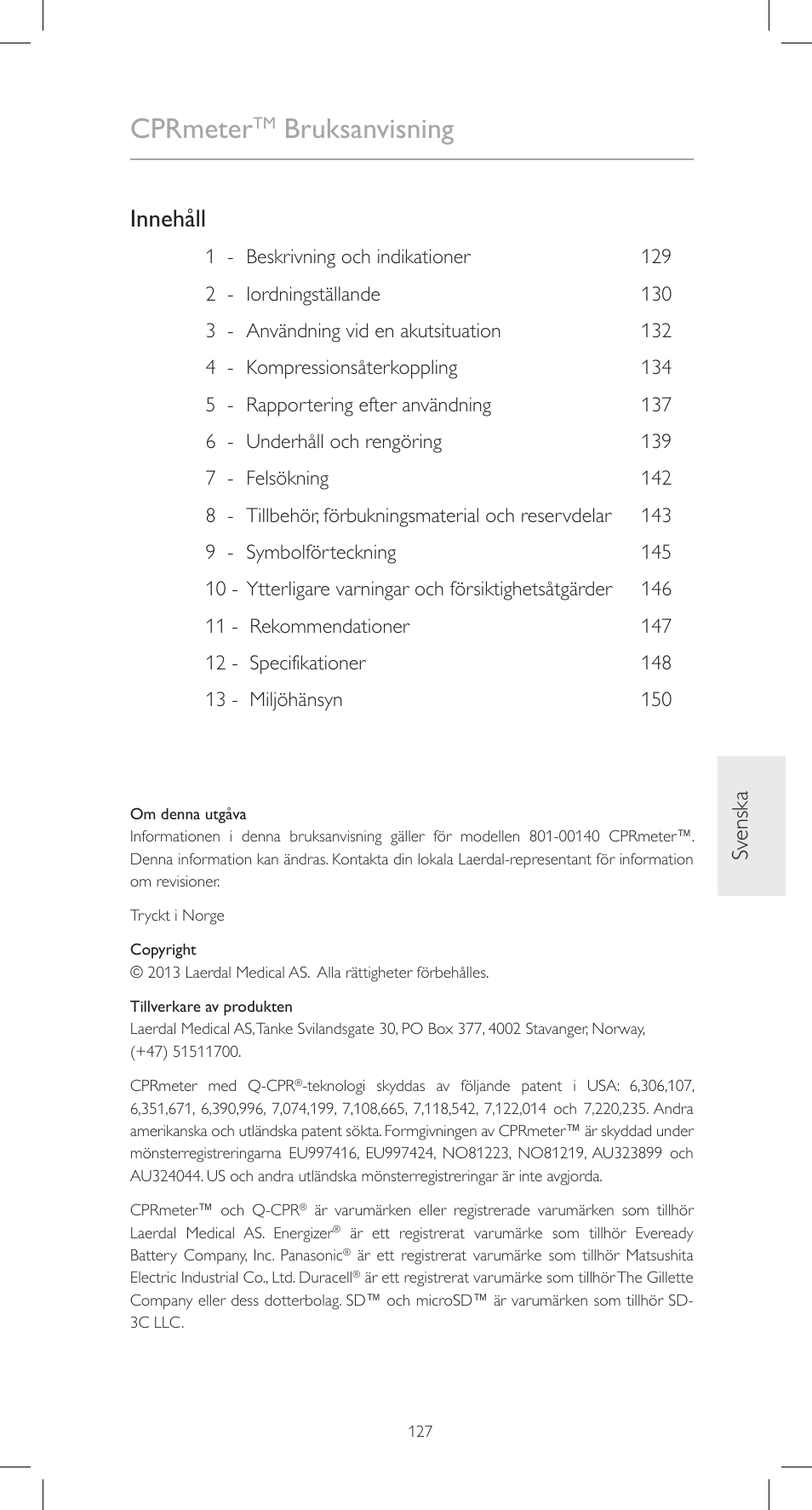 Cprmeter, Bruksanvisning, Innehåll | Sv enska | Laerdal CPRmeter User Manual | Page 127 / 248