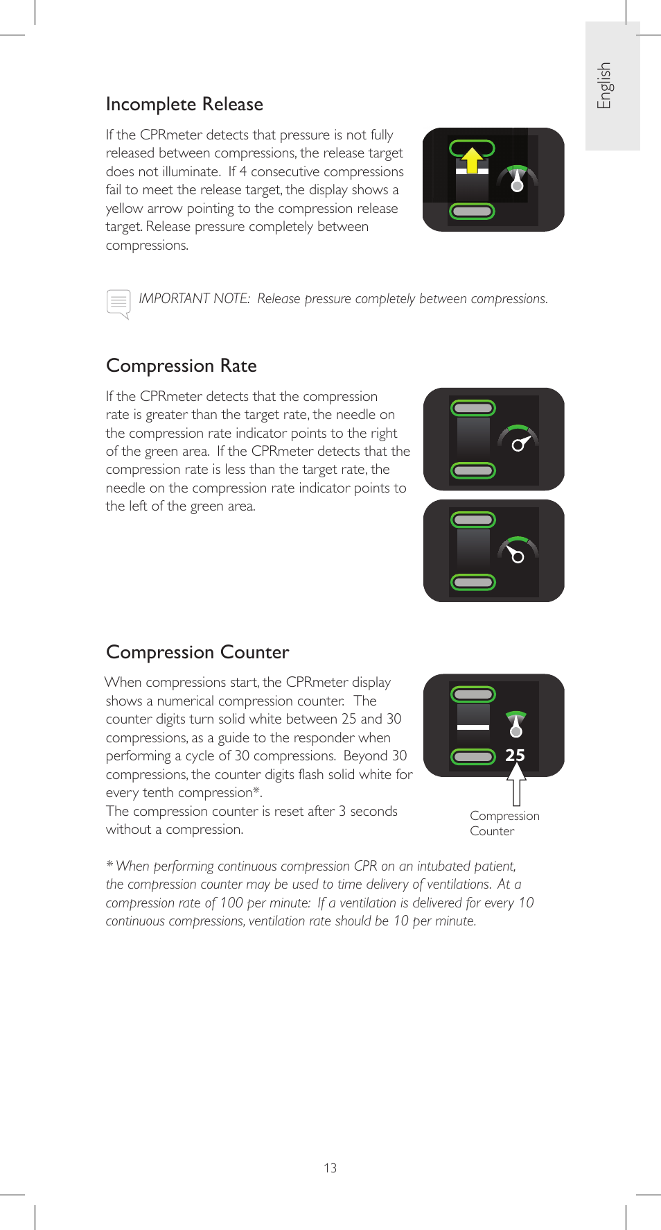 Incomplete release, Compression rate, Compression counter | English | Laerdal CPRmeter User Manual | Page 13 / 248