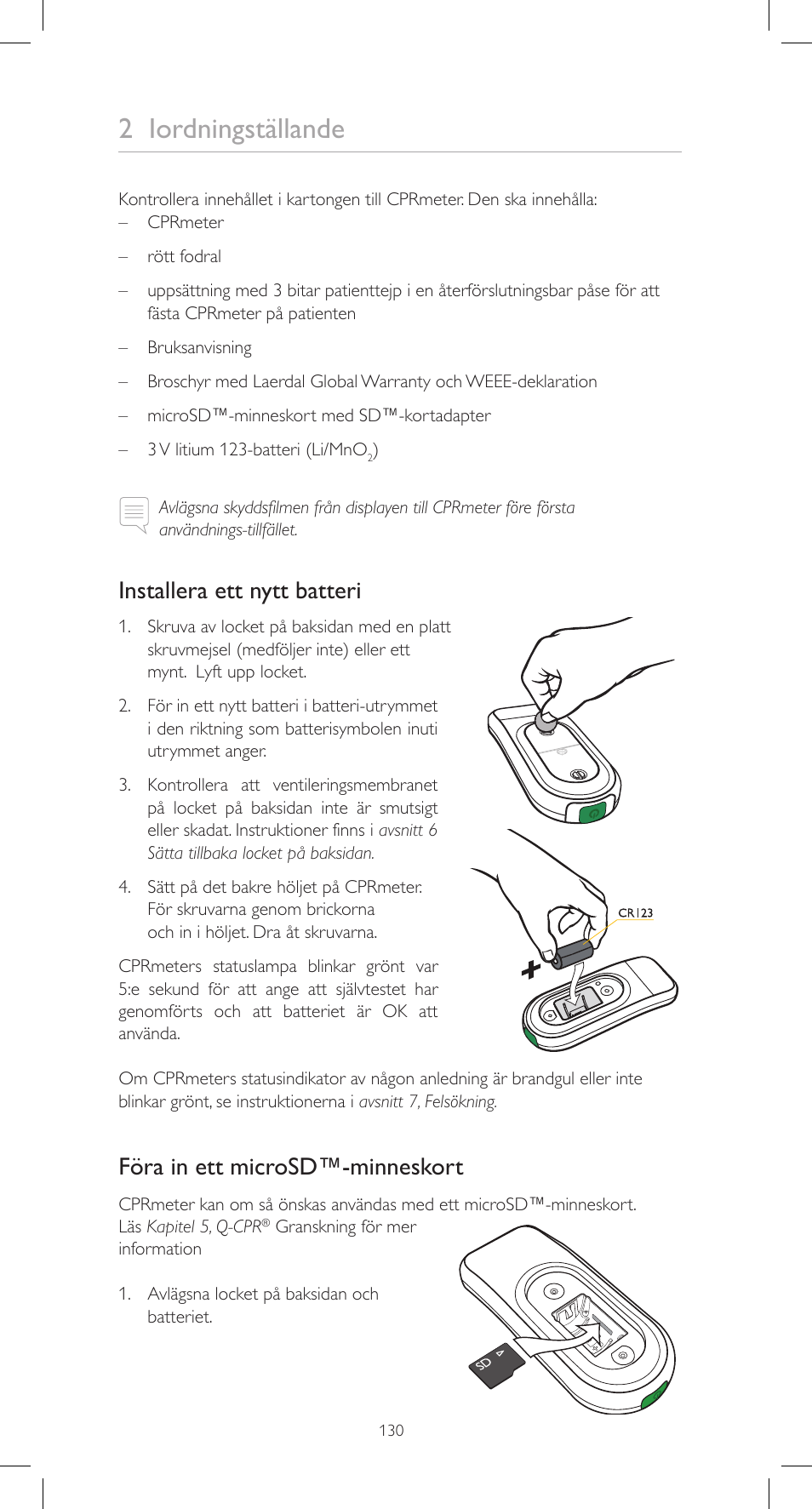 2 iordningställande, Installera ett nytt batteri, Föra in ett microsd™-minneskort | Laerdal CPRmeter User Manual | Page 130 / 248