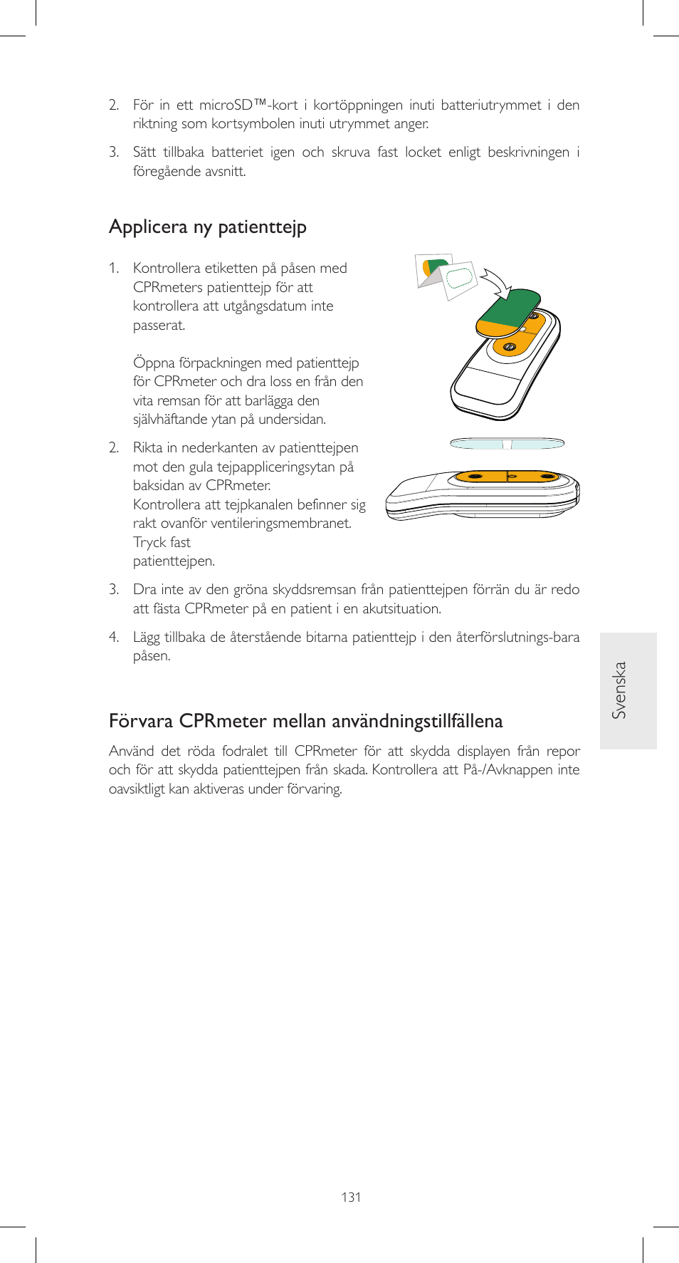 Applicera ny patienttejp, Förvara cprmeter mellan användningstillfällena, Sv enska | Laerdal CPRmeter User Manual | Page 131 / 248