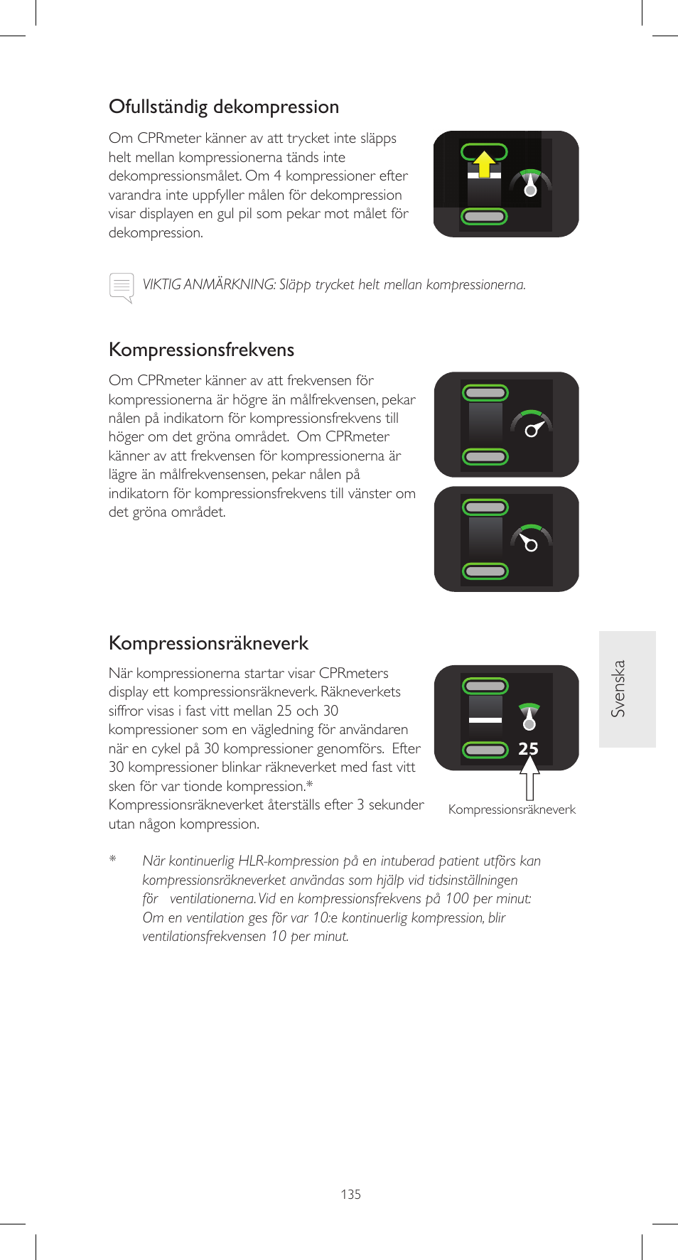 Ofullständig dekompression, Kompressionsfrekvens, Kompressionsräkneverk | Laerdal CPRmeter User Manual | Page 135 / 248