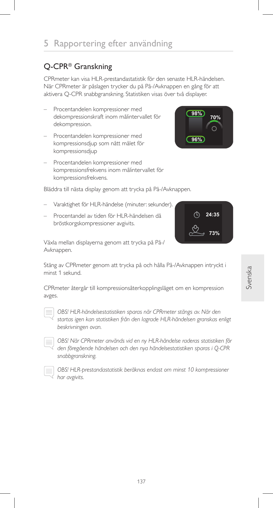 5 rapportering efter användning, Q-cpr, Granskning | Sv enska | Laerdal CPRmeter User Manual | Page 137 / 248