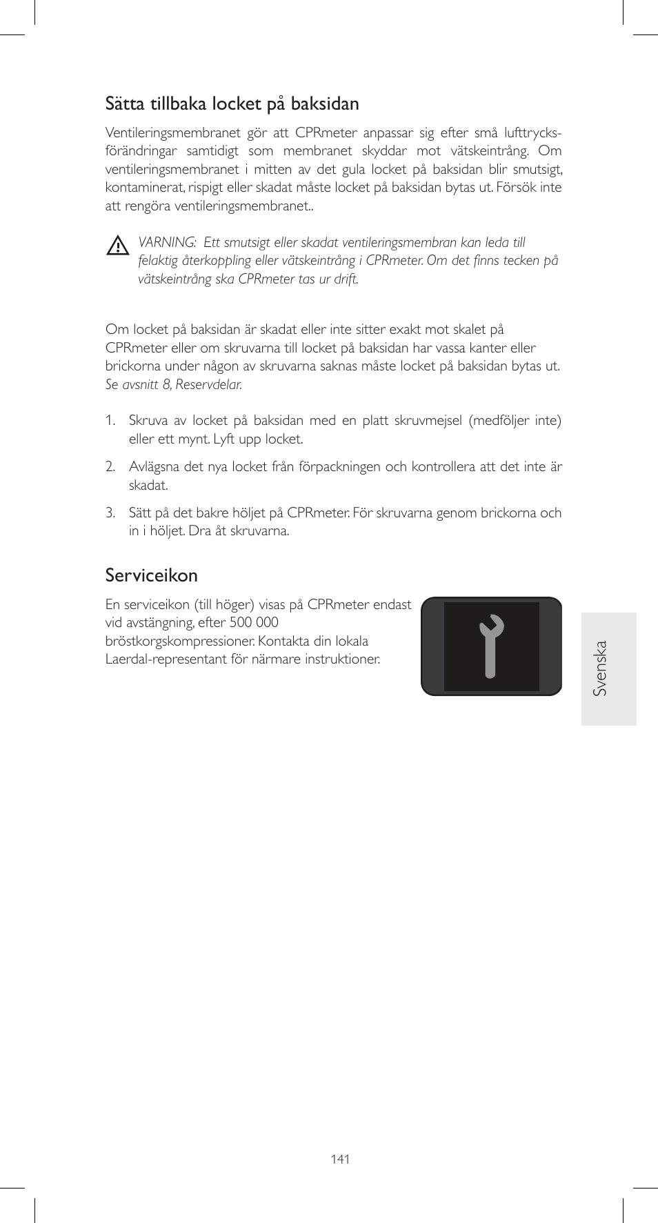 Sätta tillbaka locket på baksidan, Serviceikon, Sv enska | Laerdal CPRmeter User Manual | Page 141 / 248
