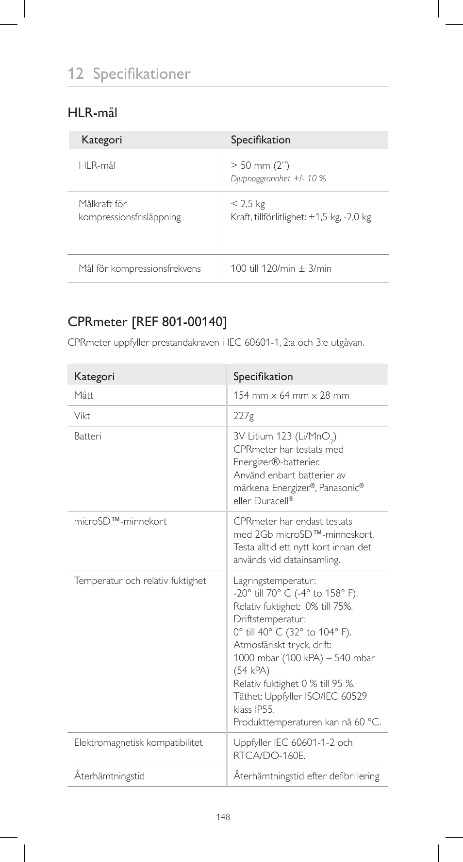 12 specifikationer, Hlr-mål | Laerdal CPRmeter User Manual | Page 148 / 248