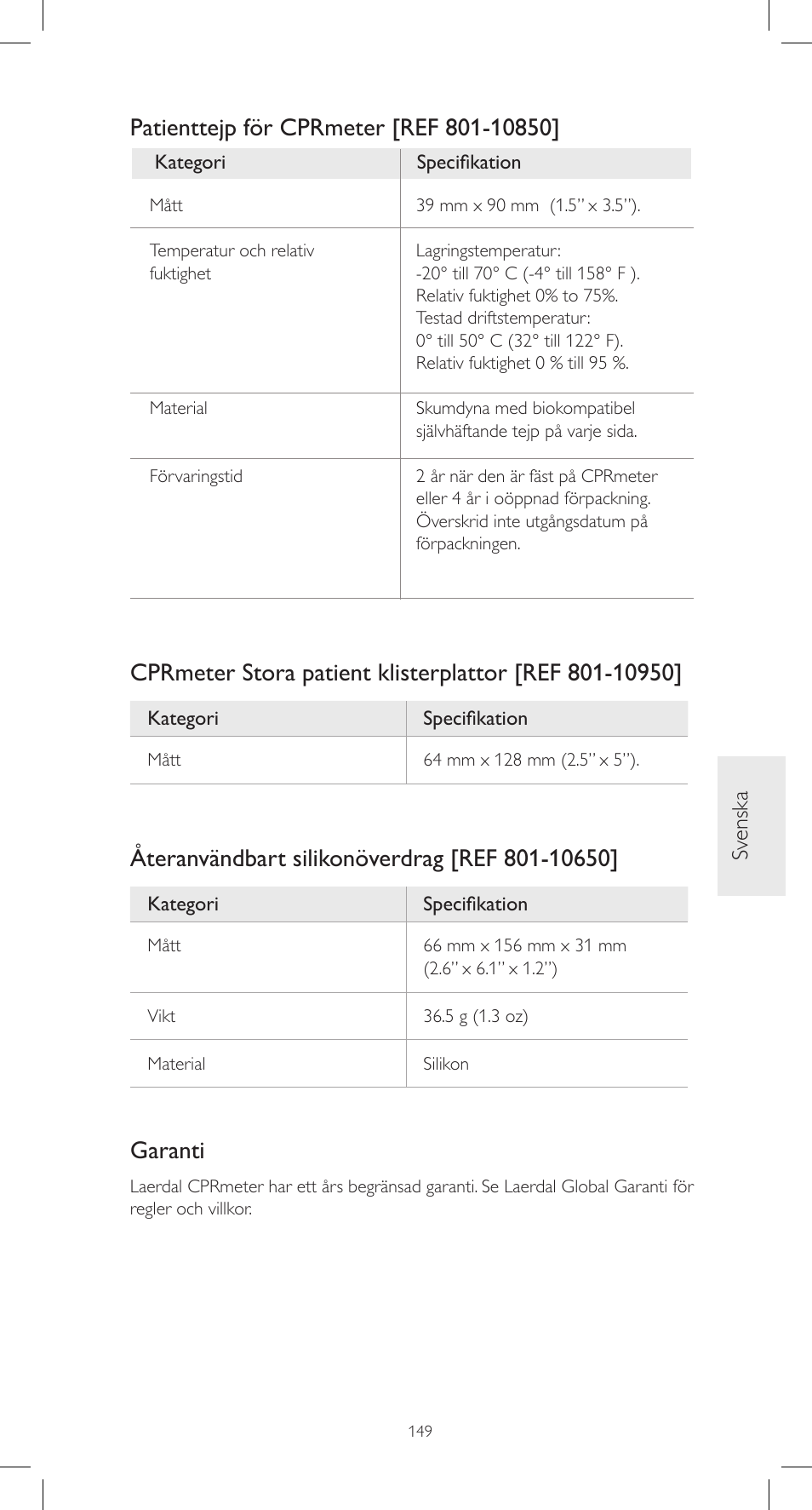 Garanti | Laerdal CPRmeter User Manual | Page 149 / 248